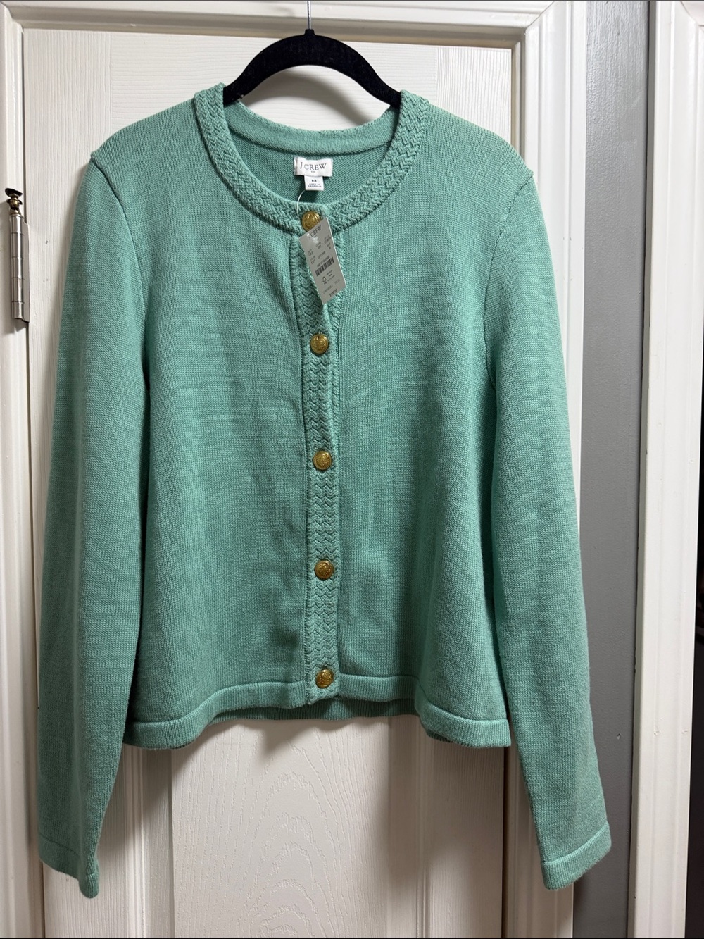 J. Crew Seafoam Green Crewneck Cardigan with Gold Buttons